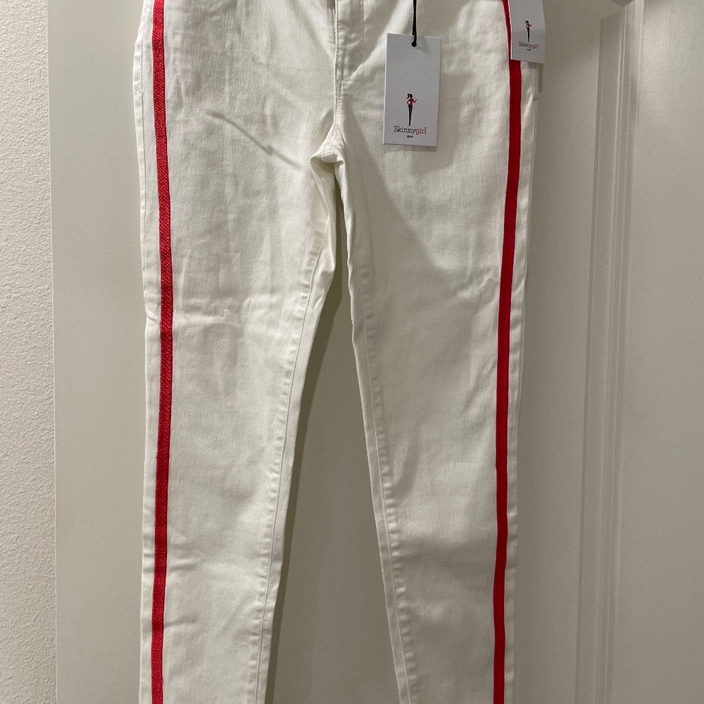BRAND NEW WITH TAGS WHITE DENIM JEANS WITH RED TUXEDO STRIPE